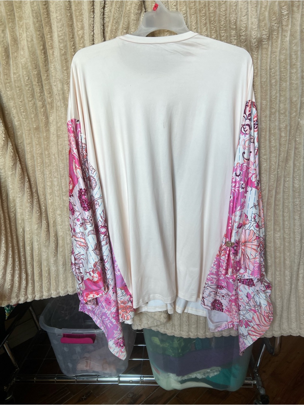 Cream Tunic Top with Pink Floral Bell Sleeves